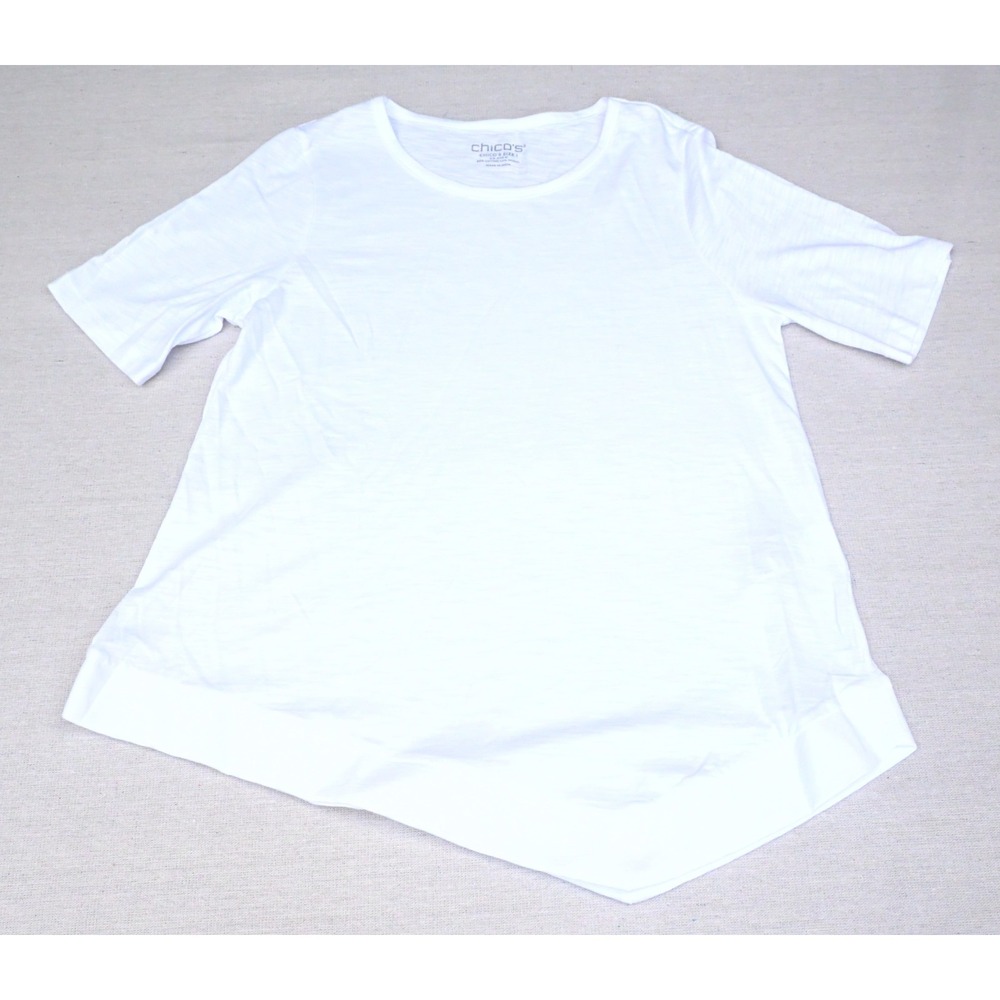 Chicos Womens 1 US M White Slub Knit Cotton Tee Asymmetric Hem Short Sleeve Soft